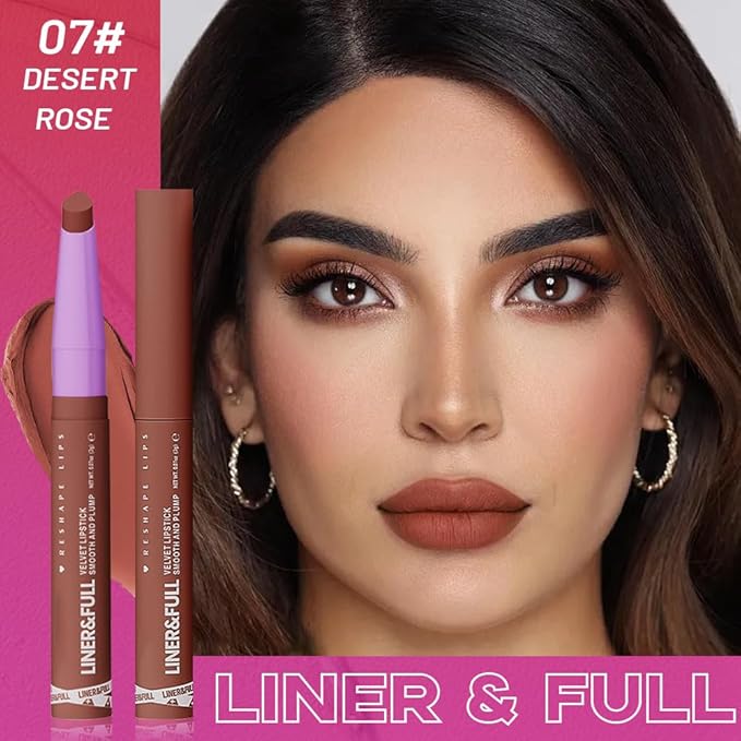 2-IN-1 Lipstick Lipliner, Velvet Matte Finish, Smooth & Plump, 12 Universal Lip Color-Nude Pink Rose Mauve Berry Plum, Creamy Formula for Lip Makeup, All-Day Wear, Cruelty-Free (#07 DESERT ROSE)