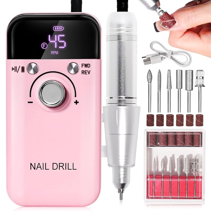 ANRLO Professional Electric Nail Drill, 45000 RPM Cordless Rechargeable E-File Machine, with 12 Bits, Sanding Bands, LCD Display for Acrylic Gel Nails (DMJ-V6-PINK-USB)