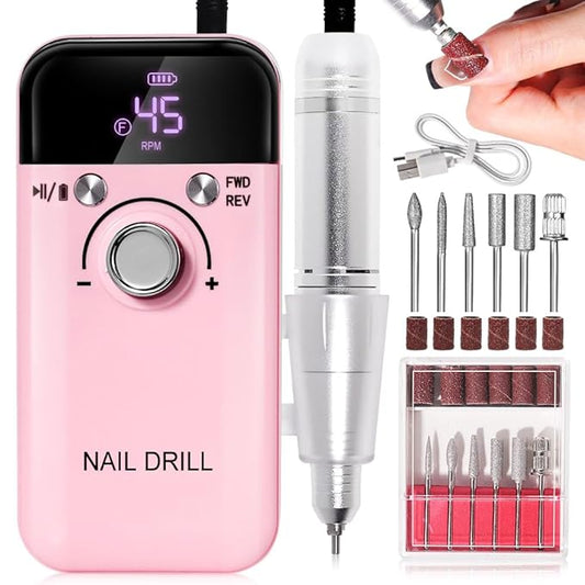 ANRLO Professional Electric Nail Drill, 45000 RPM Cordless Rechargeable E-File Machine, with 12 Bits, Sanding Bands, LCD Display for Acrylic Gel Nails (DMJ-V6-PINK-USB)