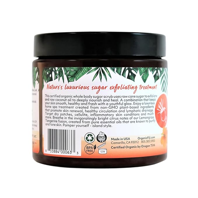 Organic Fiji Whole Body Scrub - Infused with Coconut Oil, Exfoliating Sugar Scrub for Smooth and Soft Skin, Exfoliates & Restores Skin's Natural Biosphere, Lemongrass Tangerine 20 oz