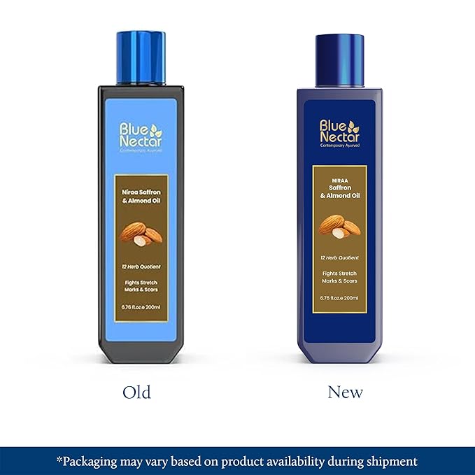 Blue Nectar Saffron & Almond Oil, Ayurveda Product for Crepey Skin | Skin Firming Body Oil for Stretch Marks (12 Herbs, 6.76 Fl Oz)