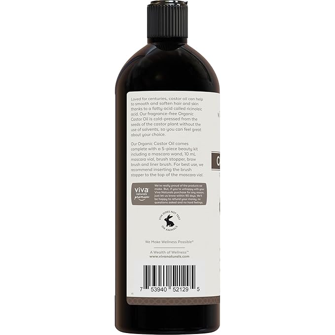 Viva Naturals Organic Castor Oil, Cold-Pressed, 16 fl oz – For Face, Hair, Eyelashes, USDA Organic, Non-GMO - With Beauty Kit