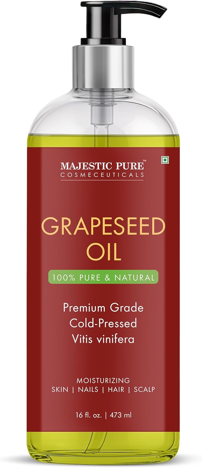 Majestic Pure Grapeseed Oil - 100% Pure & Natural - Premium Grade, Cold-Pressed, Hexane-Free Carrier Oil for Skin, Hair and Body - Moisturizing Skin, Hair and Scalp - 16 Fl Oz