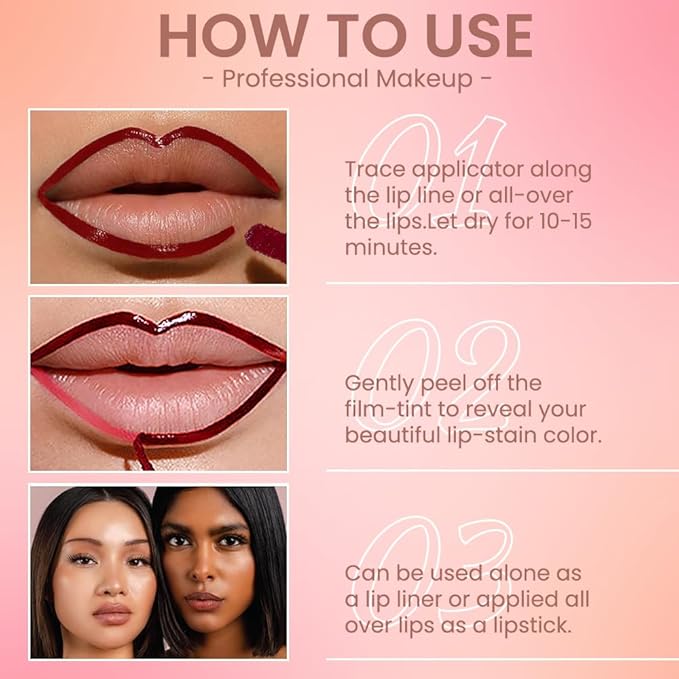 2Pcs Delicate Pink & Pinkish Red Liquid Matte Lip Liner Stain Peel Off with Tweezer, Long Lasting Waterproof Matte Lipstick Lip Gloss Tattoo for Women, Transfer-prof Lip Tint Makeup for All Skin Types