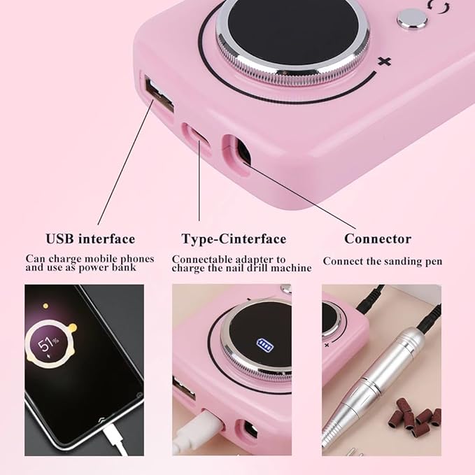 ANRLO Professional Electric Nail Drill, 45000 RPM Cordless Rechargeable E-File Machine, with 12 Bits, Sanding Bands, LCD Display for Acrylic Gel Nails (DMJ-V1-Pink)
