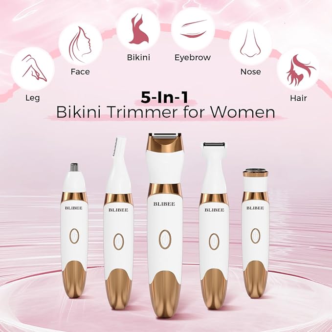 BLIBEE Bikini Trimmer for Women, LED Display Electric Razors for Women, 5-in-1 Electric Shaver, Rechargeable Painless Pubic Hair Trimmer for Legs, Underarms, Face & Sensitive Skin (Gold)