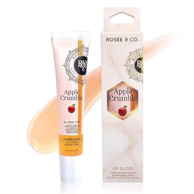 Rosee Lip Gloss Vegan & Cruelty Free Treatment, Professional Make up, Long Lasting Glossy with Shea Butter, Moisturize, Protect & Smooth, High Shine, Non-Sticky (o. Apple Crumble, 0.5)