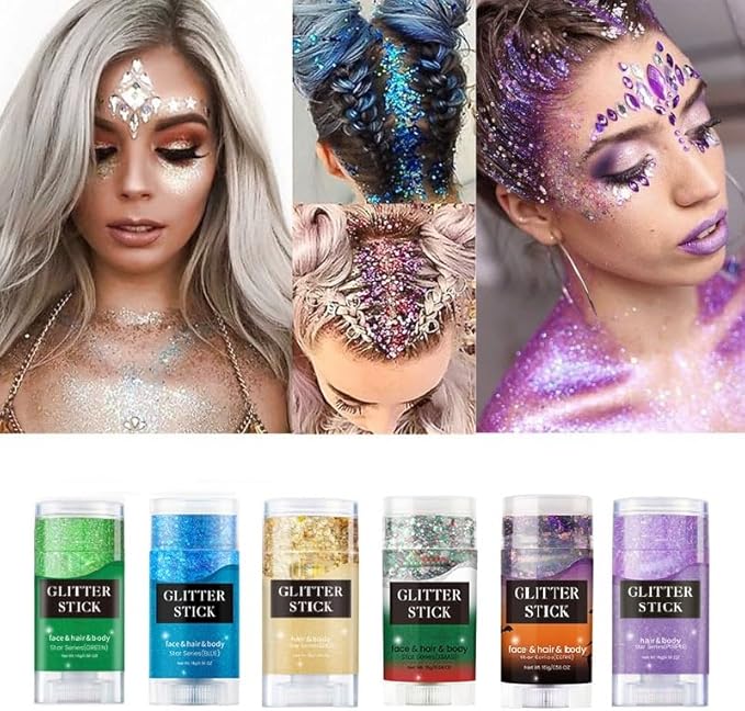Body Glitter Stick, Perfect Sparkling Christmas Hair & Face Glitter Makeup Neon Outfit Singer Concert Music Rave Festival Accessories.