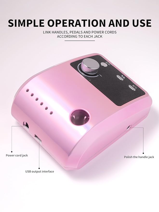 ANRLO Professional Electric Nail Drill, 45000 RPM Cordless Rechargeable E-File Machine, with 12 Bits, Sanding Bands, LCD Display for Acrylic Gel Nails (DMJ-204-Pink-US)
