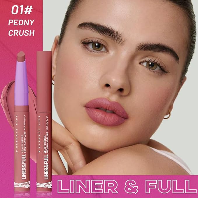 2-IN-1 Lipstick Lipliner, Velvet Matte Finish, Smooth & Plump, 12 Universal Lip Color-Nude Pink Rose Mauve Berry Plum, Creamy Formula for Lip Makeup, All-Day Wear, Cruelty-Free (#01 PEONY CRUSH)