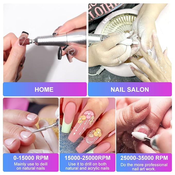 ANRLO Professional Electric Nail Drill, 45000 RPM Cordless Rechargeable E-File Machine, with 12 Bits, Sanding Bands, LCD Display for Acrylic Gel Nails (DMJ-BLY-P40-Purple)