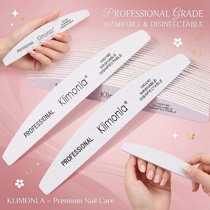 Klimonla 25pcs Professional Half Moon Nail Files Emery Board Set 180/240 Grit Dual-Grit Buffer Files for Natural & Acrylic Nails Tools Suit for Home Salon