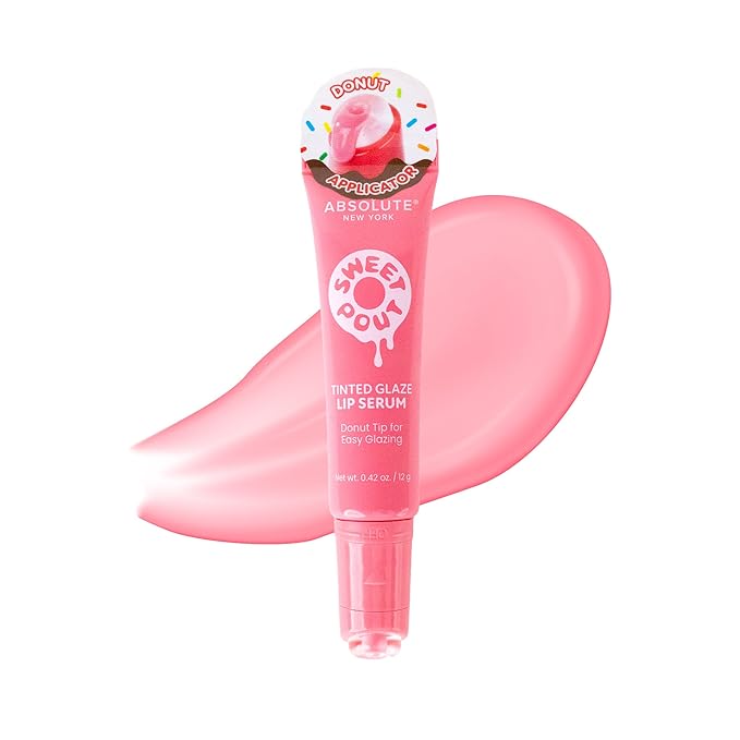 Absolute New York Sweet Pout Tinted Glaze Lip Serum, Donut Tip Applicator, Hydrating Formula with Peptides, Vitamin E and Jojoba Seed Oil (Strawberry Drizzle)