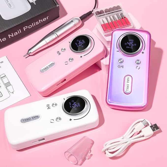ANRLO Professional Electric Nail Drill, 45000 RPM Cordless Rechargeable E-File Machine, with 12 Bits, Sanding Bands, LCD Display for Acrylic Gel Nails (DMJ-V1-Pink)