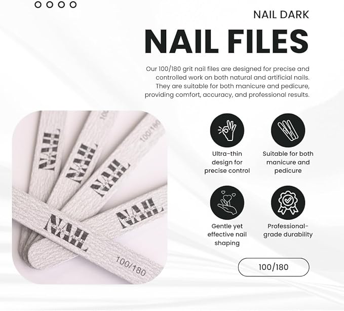 Nail Dark Professional Nail Files 100/180 Grit (Pack of 50) | Ultra-Thin Dual Sided Emery Boards for Manicure & Pedicure | Strong, Flexible Salon Grade Nail Shaping Tools