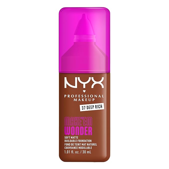 NYX PROFESSIONAL MAKEUP Make 'Em Wonder Liquid Foundation, 24HR Foundation Makeup With A Soft Matte Finish, Buildable Full Coverage - 37 Deep Rich