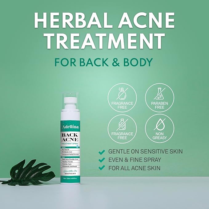 Back Acne Spray, Body Acne Treatment with Salicylic Acid, Tea Tree Oil & Niacinamide, 4 oz