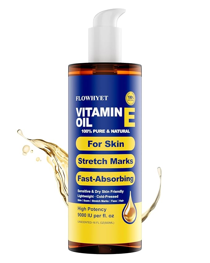 FLOWHYET 16 fl oz Pure Vitamin E Oil for Skin, Organic Vitamin E Oil for Scar, Stretch Marks, Face and Hair, Lightweight Bath and Body Oil Moisturizing Hexane Free Non-GMO Cold Pressed-500ml
