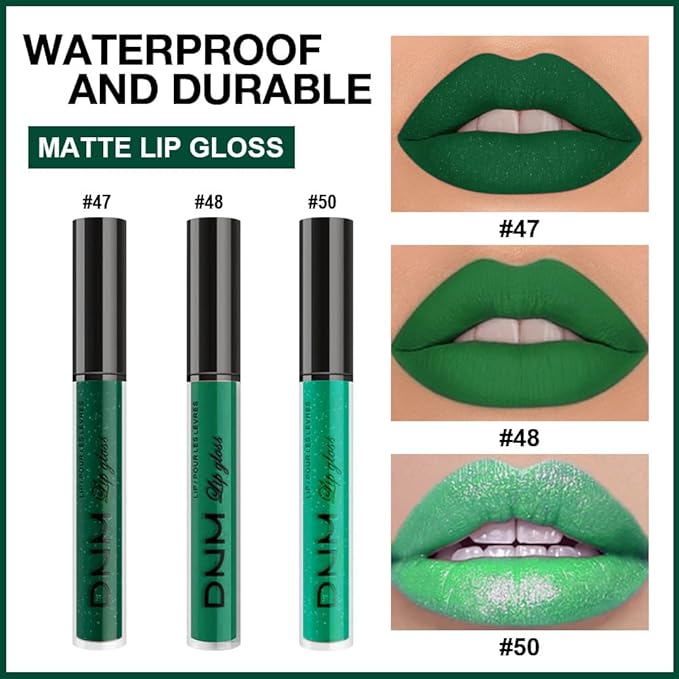 evpct 3Pcs Green Matte Glitter Liquid Lipstick Lip Stain Sets for Women, Matte Shimmer Lipstick Long Lasting Waterproof Permanent 24 Hours original, Magic Lip Sticks Pack for Halloween Daily Makeup