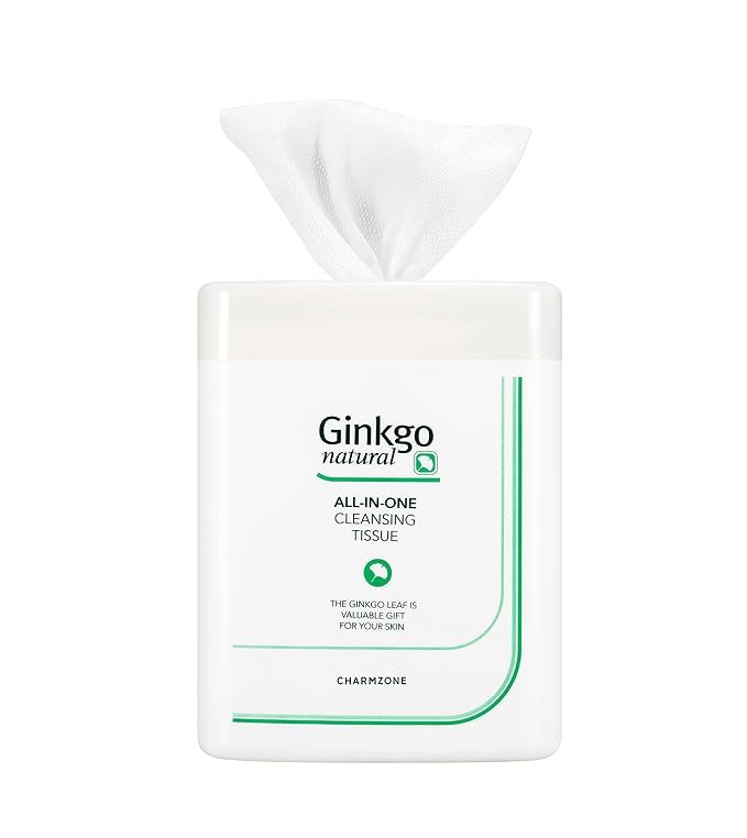 CHARMZONE Ginkgo Natural Cleansing Tissue, All-in-One Makeup Remover & Moisturizing Face Wipes, Gentle Botanical Formula, Mineral-Oil-Free, For All Skin Types, Flip-Top Container, 110 Sheets