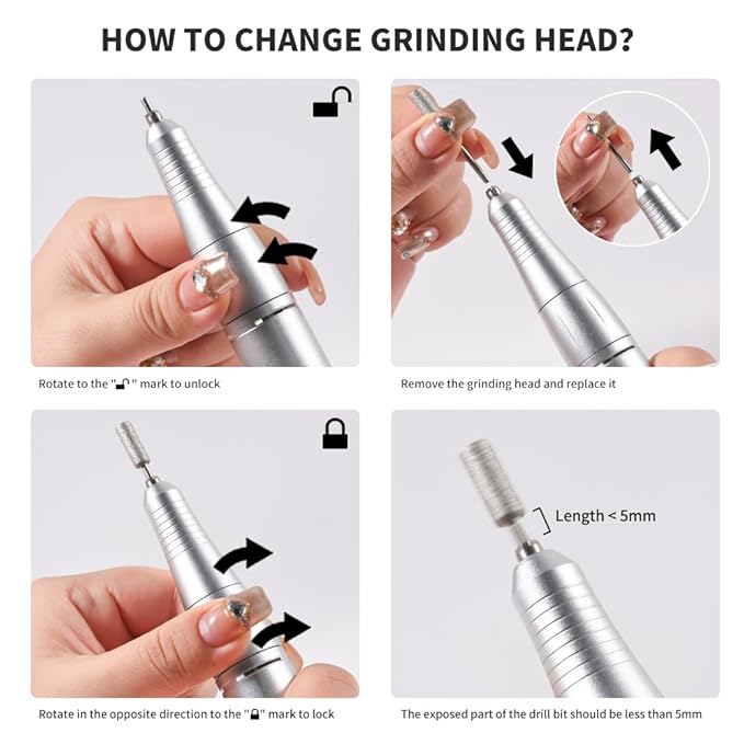 ANRLO Professional Electric Nail Drill, 45000 RPM Cordless Rechargeable E-File Machine, with 12 Bits, Sanding Bands, LCD Display for Acrylic Gel Nails (Metallic White)