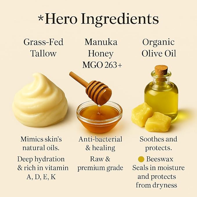 Azmera Beauty 100% Grass-Fed Beef Tallow Balm, Manuka Honey MGO263+, Organic Beeswax & Olive Oil, Beef Tallow for skin,Handmade Moisturizer for Dry Skin, Eczema Relief, & Healing Skin2oz, Orange