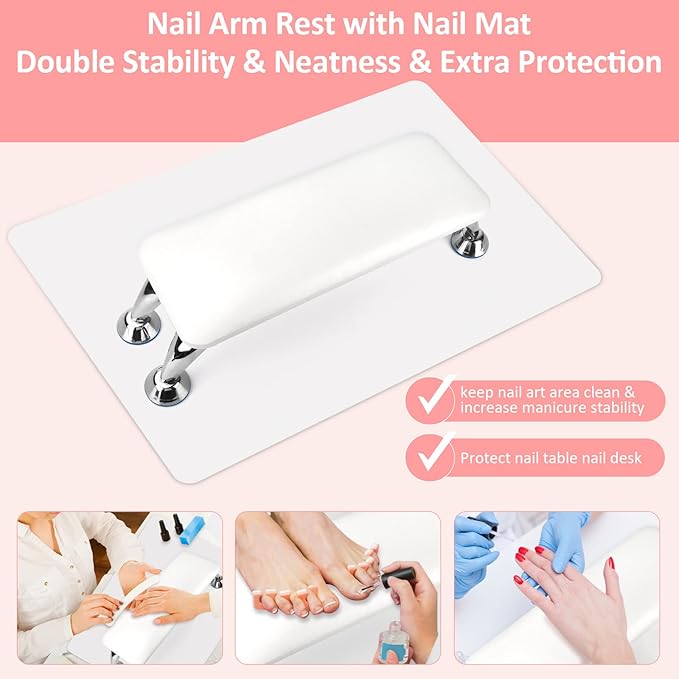 Nail Arm Rest for Acrylic Nails with Nail Table Mat, Microfiber Leather Nail Hand Rest Cushion for Nails, Soft Hand Pillow Footstool with Foldable Nail Art Hand Rest Pad for Nail Tech Use (White)
