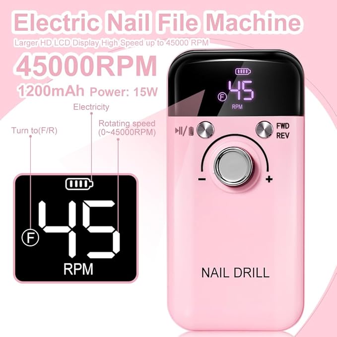 ANRLO Professional Electric Nail Drill, 45000 RPM Cordless Rechargeable E-File Machine, with 12 Bits, Sanding Bands, LCD Display for Acrylic Gel Nails (DMJ-V6-PINK-USB)