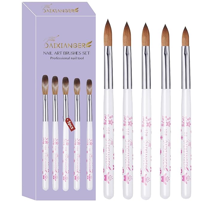 DAIXIANGER 5Pcs Flower Acrylic Nail Brush Set, Size 8/10/12/14/16, Professional Nail Brushes for Acrylic Application Powder & Nail Extension, 3D Nail Carving Tools for DIY Home Salon Manicure-White