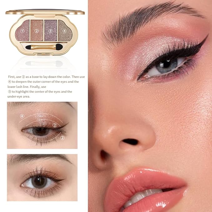 4 Color Eyeshadow Palette, Matte and Shimmer Powder Makeup, Highly Pigmented Blendable Shadows, Long-Lasting Waterproof, Natural Nude Brown Pink Shades (6#, 1 Count (Pack of 1))