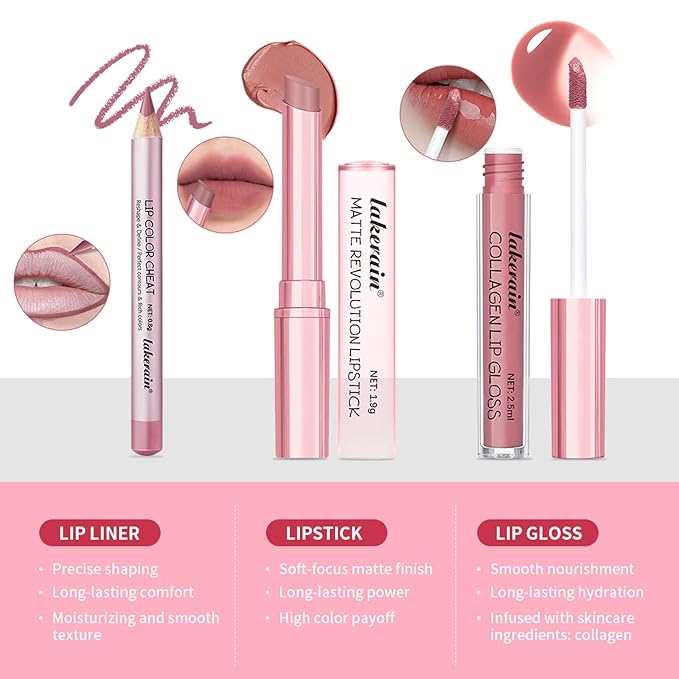 BestLand 3PCS Lip Liner and Lipstick Combo Set - Matte Lip Liner Pencil, Velvet Matte Lipstick & Hydrating Collagen Lip Gloss - Long-Lasting, Smudge-Proof, Nude Brown Lip Makeup Kit (#4 Nude Brown)