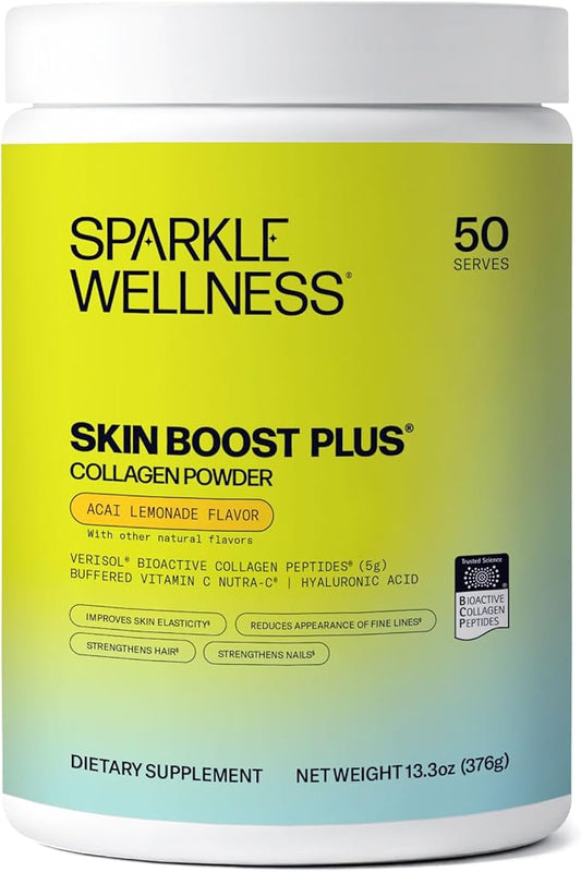 Sparkle Wellness VERISOL Bioactive Hydrolyzed Collagen Peptides | Collagen Powder with Vitamin C & Hyaluronic Acid for Hair, Skin, and Nail Health | Skin Boost Plus (Acai Lemonade) [50-Serves]