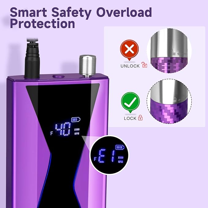 Professional Brushless Nail Drill, AZ GOGO 85W Cordless Electric Nail File 40000RPM Rechargeable Portable Nail Drill Machine for Gel Acrylic Nails, High Torque Quieter for Salon Nails Art (Purple)