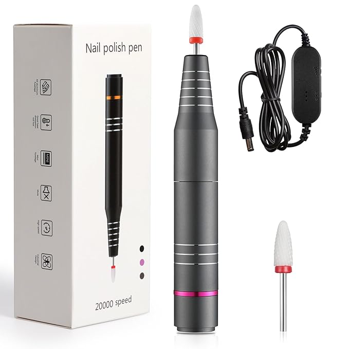 QPVZX Electric Nail Drill, Ultra Quiet Low Vibration Electric Nail File, Portable Electric Nail File for Crystal Gel Nails, Manicure Pedicure Tools Polishing Set for Home and Salon Use (Grey)