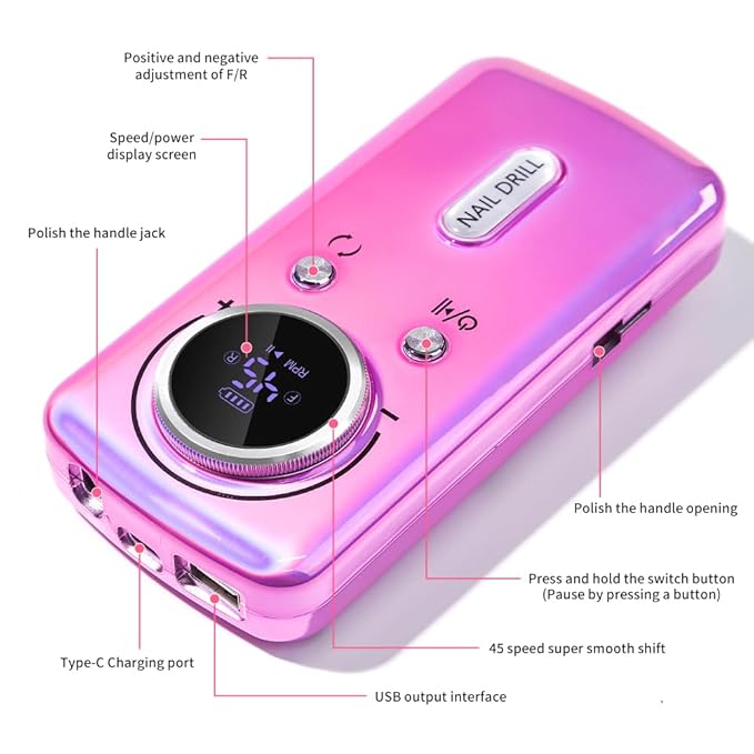 ANRLO Professional Electric Nail Drill, 45000 RPM Cordless Rechargeable E-File Machine, with 12 Bits, Sanding Bands, LCD Display for Acrylic Gel Nails (DMJ-V1-Purple)