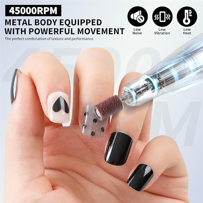 ANRLO Professional Electric Nail Drill, 45000 RPM Cordless Rechargeable E-File Machine, with 12 Bits, Sanding Bands, LCD Display for Acrylic Gel Nails (DMJ-V2-Black-USB)