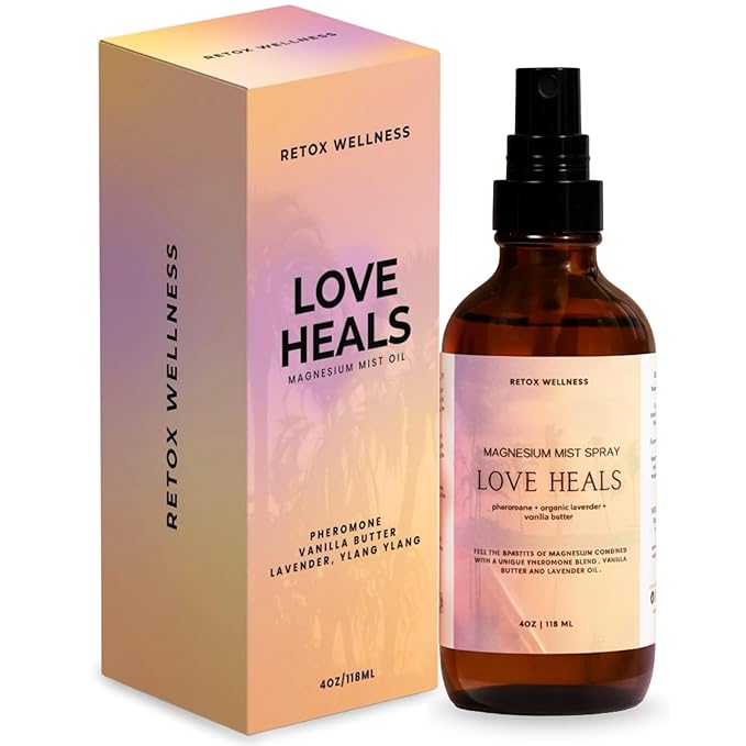 Retox Wellness LOVE HEALS Magnesium Mist| Pure Magnesium Oil Spray with Lavender & Vanilla| Body & Foot Spray Refreshes Tired Skin| Calming Essential Oils for Relaxing & Uplifting Feel, 4oz