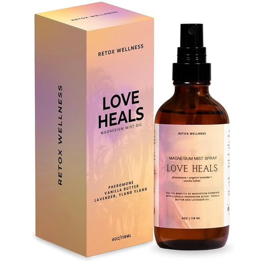 Retox Wellness LOVE HEALS Magnesium Mist| Pure Magnesium Oil Spray with Lavender & Vanilla| Body & Foot Spray Refreshes Tired Skin| Calming Essential Oils for Relaxing & Uplifting Feel, 4oz