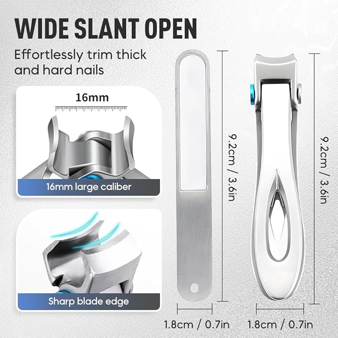 Nail Clippers for Thick Nails, 16mm Wide Jaw Opening Heavy Duty Toenail Clippers with Sharp Curved Blades & Nail File, Stainless Steel Toe Nail Clippers (Silver)