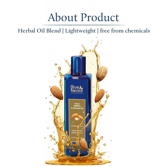 Blue Nectar Saffron & Almond Oil, Ayurveda Product for Crepey Skin | Skin Firming Body Oil for Stretch Marks (12 Herbs, 3.38 Fl Oz)