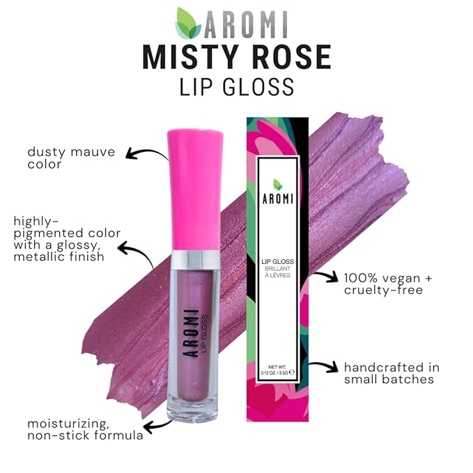 Aromi Mauve Pink Lip Gloss | Rosy Color, Frosty, Shimmery Finish, Non-Sticky, Glossy Lip Oil, Plumping, Vegan, Tinted, (Misty Rose)