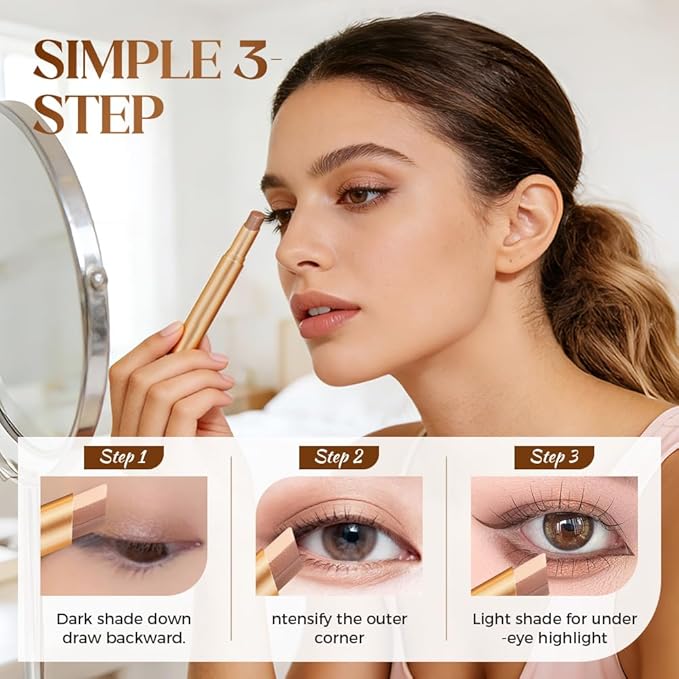 3-in-1 Easy Eyeshadow Stick, All-in-One Eyeshadow for Highlight, Transition & Contour, Quick Blendable Makeup Stick for Beginners, Portable Eyeshadows for Daily Use (Light Brown)