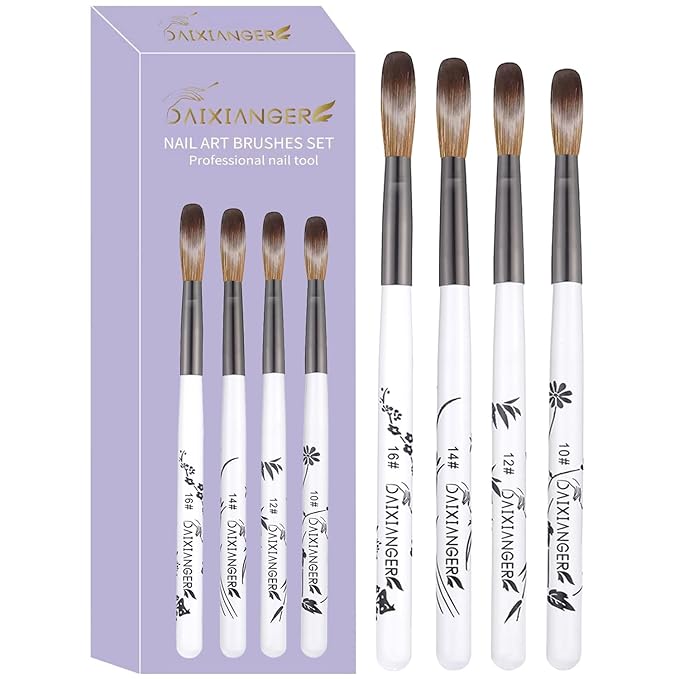 DAIXIANGER 4Pcs Acrylic Nail Brush Set, Size 10/12/14/16, Professional Nail Brushes for Acrylic Application Powder & Nail Extension, 3D Nail Carving Tools for DIY Home Salon Manicure-White
