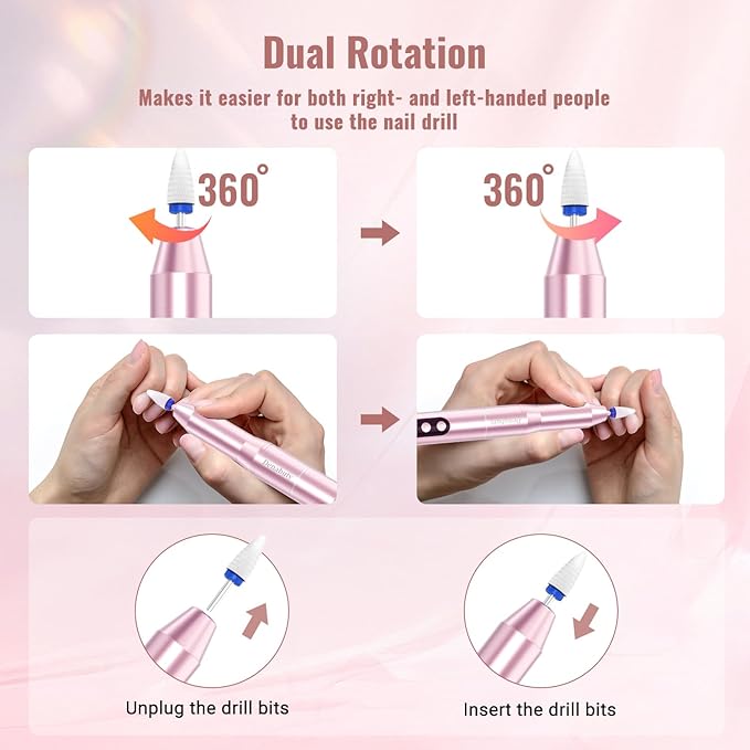 Denabuty Cordless Electric Nail Drill File: 35000RPM Professional Nail Drill Machine with UV LED Nail Lamp Charging Base, Manicure Pedicure Kit E File for Acrylic Gel Dip Powder Polish Pink