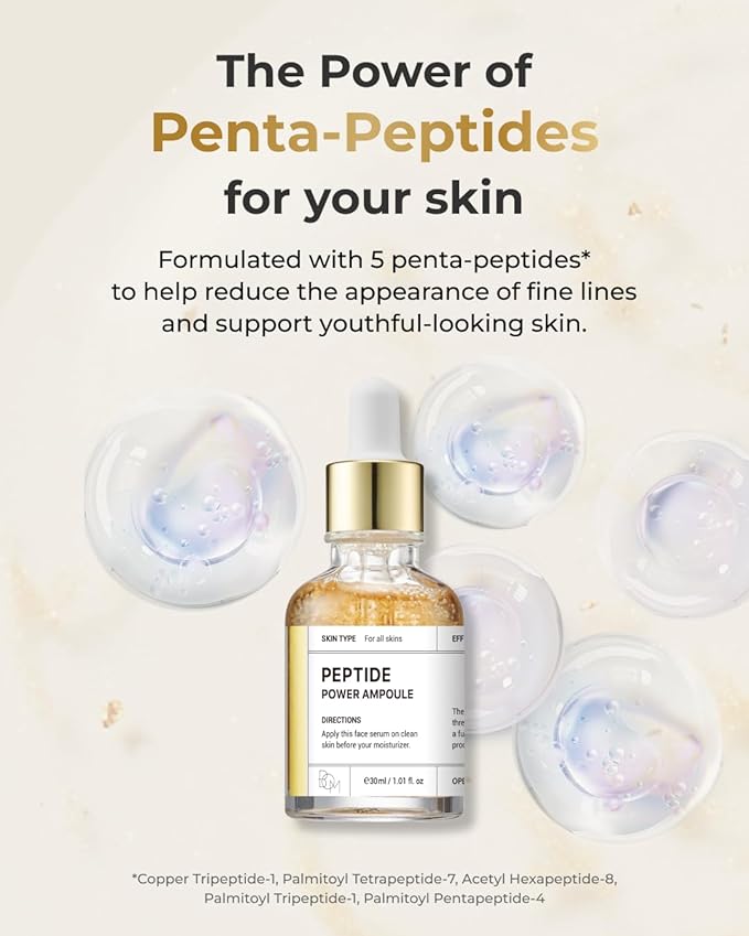BOM COSMETICS Peptide Power Ampoule 1.01 Fl Oz, Penta-Peptide with 24k Gold Thread and 99% Pure Gold for Skin Collagen Boost, Firming Serum to Improve Elasticity and Radiance, Korean Skin Care