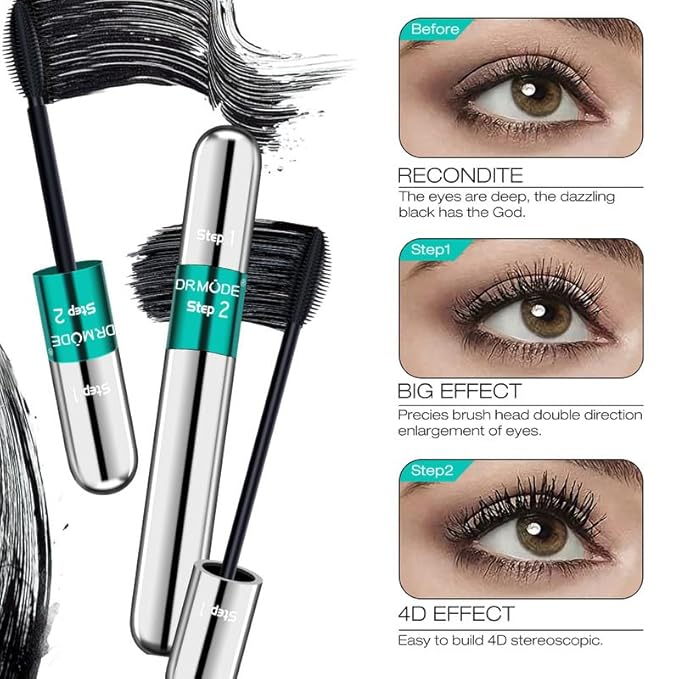 Mascara Black Length - Waterproof 2 in 1 4D Silk Fiber Mascara 5X Longer, Natural and False Effect Look in One Long Lasting Mas Cara Makeup for Women