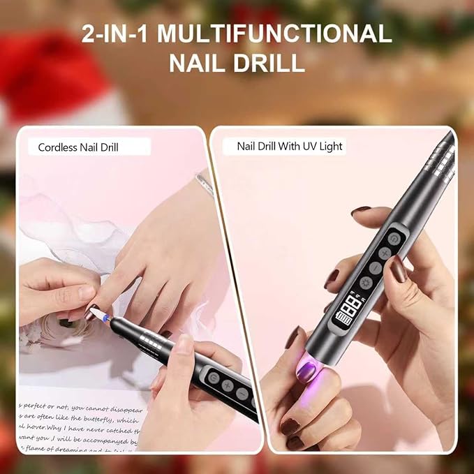 Professional Cordless Nail Drill and UV Light, 35000 RPM Electric Nail File Acrylic Gel Dip Powder Nail Tools, Portable Rechargeable Nail Pedicure Kit for Home & Travel, Gray(KY-9GJ)