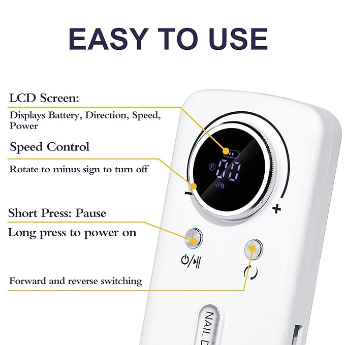 ANRLO Professional Electric Nail Drill, 45000 RPM Cordless Rechargeable E-File Machine, with 12 Bits, Sanding Bands, LCD Display for Acrylic Gel Nails (DMJ-V1-White)