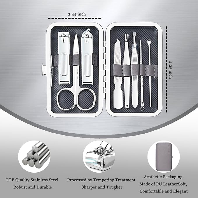 Nail Clippers Set, Manicure Grooming Care Tools Kit: Fingernail Clipper & Toenail Pedicure Cutter, Mini Nail Trimmer Kit with Travel Case Gifts for Men, Women (Grey)