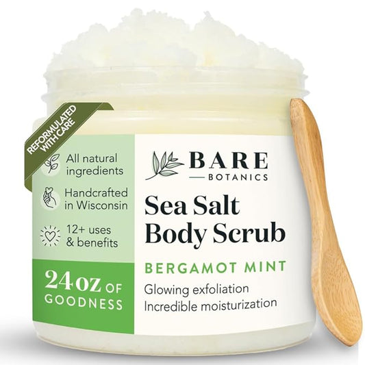Bare Botanics Bergamot Mint Body Scrub 24oz | Made in Madison, WI | All Natural Sea Salt Exfoliator w/ Skin Loving Moisturizers | Vegan & Cruelty Free | Gift Ready Packaging w/ a Cute Wooden Spoon